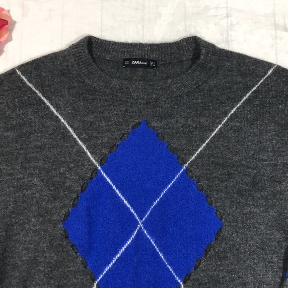 Zara Open Knit Argyle Diamond Distressed Raw Hem Knit Sweater - Picture 8 of 16